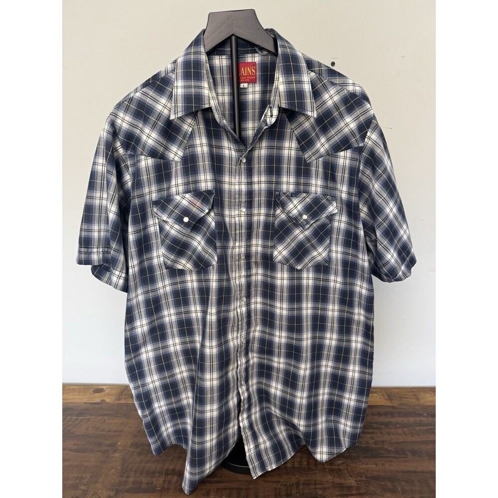 Plains Western Wear Size L Men Vintage Shirt Blue Plaid Short Sleeve Pearl Snap